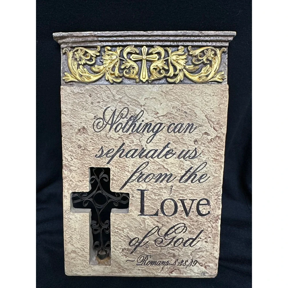 Religious Standing Plaque Tan Romans 8:38-39 Scripture Cross Filigree Table Top